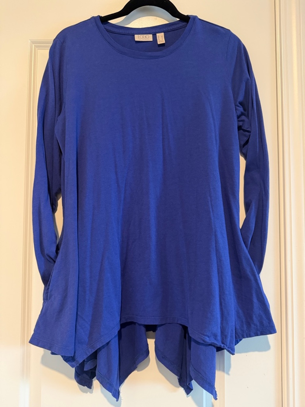 LOGO by Lori Goldstein Cobalt Blue Long Sleeve Handkerchief Hem Top